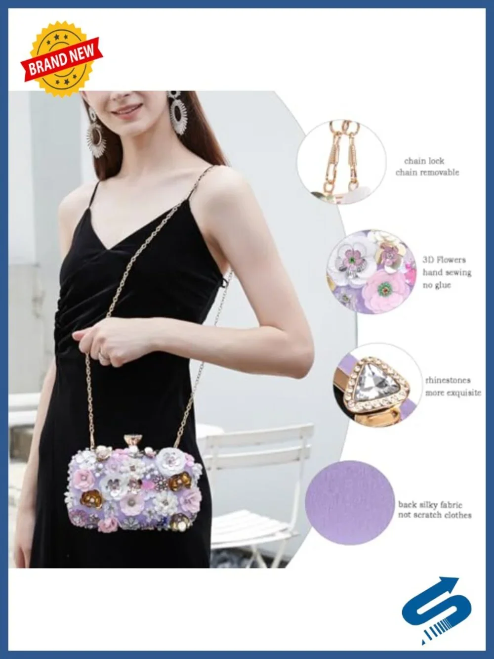 PU Leather Floral Clutch Evening Bag with Chain Strap